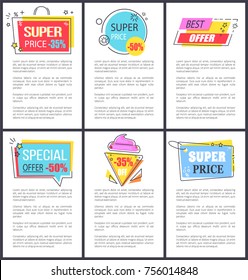 Special offer and super price, banners set with additional text by every sticker in form of bag, ice-cream and rectangle on vector illustration