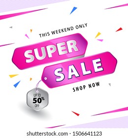 Special offer super sale banner with on purple abstract background. Poster, advertising, commerce store promotion. Vector illustration