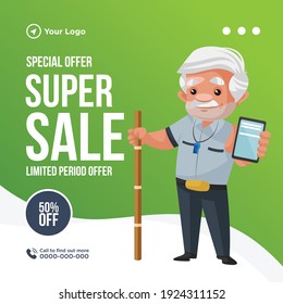 Special offer super sale banner design. Watchman is showing mobile phone. Vector graphic illustration.