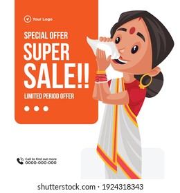 Special offer super sale banner design. Woman is playing conch. Vector graphic illustration.