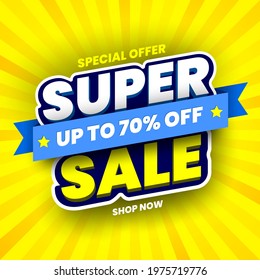 Special offer, super sale banner on yellow striped background. Vector illustration.