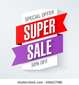 Oferta especial modelo de design de banner Super Sale. Grande super venda, economize até 50%. Ilustração vetorial.