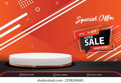 special offer super sale discount template banner with copy space 3d podium for product sale with abstract gradient orange background design