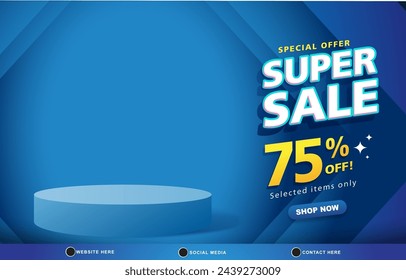 special offer super sale discount template banner with blank space 3d podium for product sale with abstract gradient blue background design