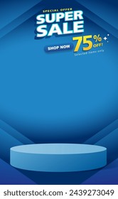 special offer super sale discount template banner with blank space 3d podium for product sale with abstract gradient blue background design2