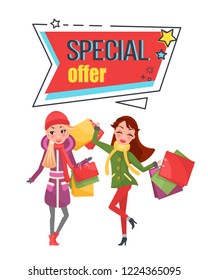 Special offer super sale price off shopping banner vector. Woman happy of buying cheap products, presents packages reduction of cost on Christmas gifts