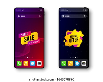 Special offer and Super sale. Smartphone screen banner. Discount offer badge. Mobile phone screen interface. Smartphone display promotion template. Online application banner. Vector