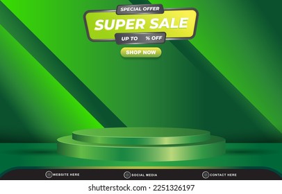 special offer super sale template banner with blank space 3d podium for product sale with abstract gradient green and yellow background design