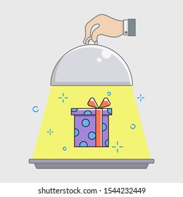 special offer surprise concept, serving tray, hand, present, filled color line object, Isolated flat vector design, editable stroke