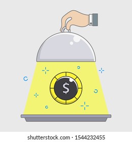special offer surprise concept, serving tray, hand, coin, filled color line object, Isolated flat vector design, editable stroke