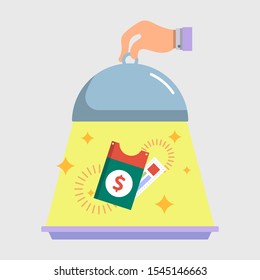 special offer surprise concept, serving tray, hand, coupon, color flat object, Isolated vector design