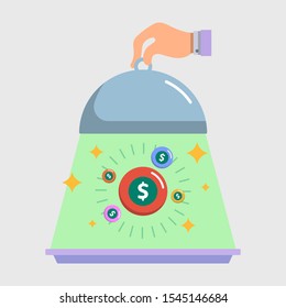 special offer surprise concept, serving tray, hand, coin, color flat object, Isolated vector design