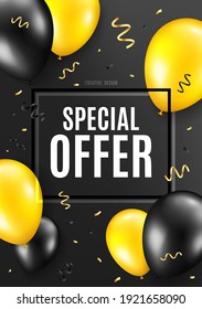 Special offer symbol. Celebrate balloon background. Sale sign. Advertising Discounts symbol. Birthday balloon background. Celebrate black banner. Party frame message. Vector