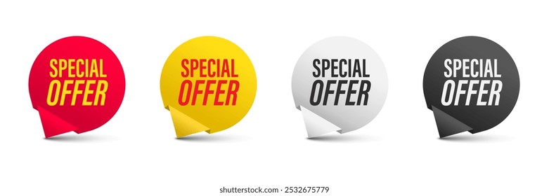 Símbolo de Oferta Especial. Crachá do passageiro cor diferente com mensagem de oferta. Sinal de descontos de publicidade. Promoção definida para marketing de compras, venda livre e propaganda Ilustração de vetor.