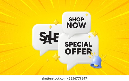 Special offer tag. 3d offer chat speech bubbles. Sale sign. Advertising Discounts symbol. Special offer speech bubble 3d message. Talk box banner with bell. Vector