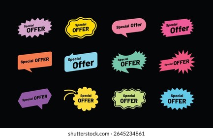 Special Offer tag badge icon set. Special offer, big sale, discount, best offer price and pricing tag badge and labels design for Marketing Materials. vector illustration.	