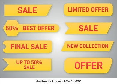 Colección de etiquetas de oferta especial, conjunto de elementos de banner para sitio web y publicidad. Mega Venta, Venta, Oferta Limitada, Mejor Oferta, Nueva Colección, Venta Final, 50 OFF