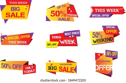 Sonderangebot Tag-Sammlung, Set von Bannerelementen für Website und Werbung. Rabatt Etikettendesign, Verkauf von Web-Coupons. Vektorförderungs-Button-Symbole. 