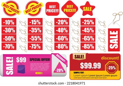 Colección de etiquetas de oferta especial, conjunto de elementos de banner para el sitio web y la publicidad. Diseño de etiquetas de descuento, venta de cupones web. Iconos de la insignia de promoción de vectores. Etiqueta de precio