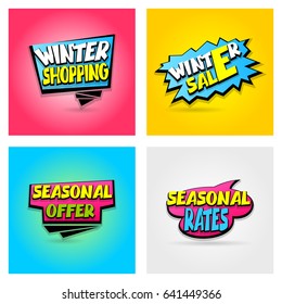 Special offer tag colored paper banner print. Summer, Spring, Winter sticker sale seasonal rates. Set 4 advertising web label badge. Vector illustration best price and discount. Comic text bubble.