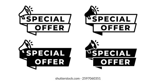 Special Offer Tag Icons Black and White Ribbon Banners with Megaphone Vector Design Illustration Template 