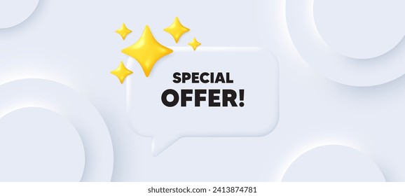 Etiqueta de oferta especial. Fondo neutral con burbuja de habla de chat. Cartel de venta. Símbolo de descuentos publicitarios. Mensaje de discurso de oferta especial. Cartel con estrellas 3d. Vector