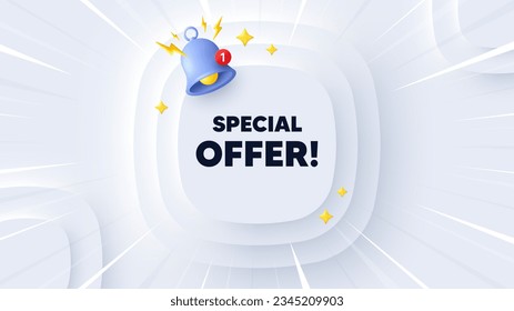 Special offer tag. Neumorphic banner with sunburst. Sale sign. Advertising Discounts symbol. Special offer message. Banner with 3d reminder bell. Circular neumorphic template. Vector