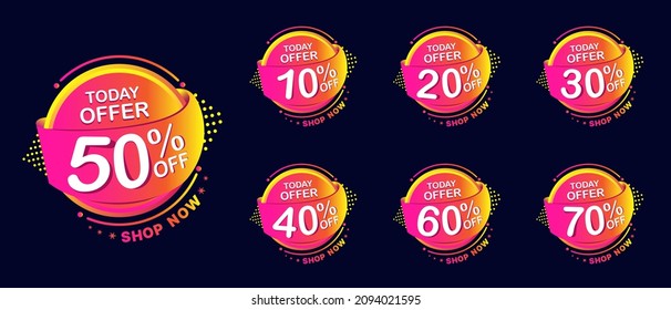 Special offer tags set vector illustration, Badges template, Today offer, Up to 10, 20, 40, 50, 60, 70 percent off, On dark blue background