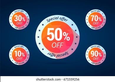 Special offer tags for shop sales. Set of discount labels from 10 to 90 percents off for shop sale campaigns. Vector isolated illustration in flat style.