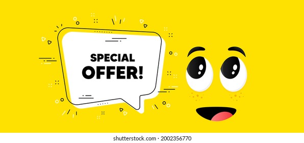 Special offer text. Cartoon face chat bubble background. Sale sign. Advertising Discounts symbol. Special offer chat message. Character smile face background. Vector