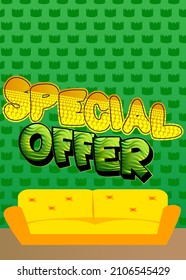 Texto de la oferta especial. La palabra de un libro de historietas sobre el fondo abstracto. Ilustración de estilo de arte pop retro. Venta, compras, venta al por menor concepto de negocio.