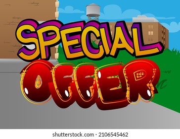 Texto de la oferta especial. La palabra de un libro de historietas sobre el fondo abstracto. Ilustración de estilo de arte pop retro. Venta, compras, venta al por menor concepto de negocio.