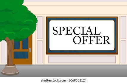 Sonderangebot Text mit Haustürhintergrund. Bar, Cafe oder Getränk-Lokal mit Poster. Verkaufs-, Einkaufs-, Einkaufs- und Einzelhandelskonzept.