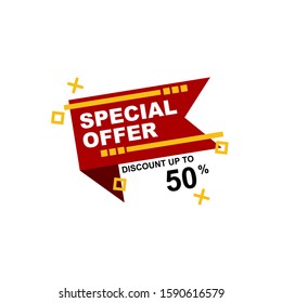 Special offer text with gold line and rectangle in a red ribbon poster
