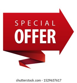 Special Offer text on red rectangular with arrow head ribbon banner icon isolated on white background. Vector illustration.