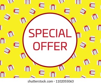 Special offer text on white circle and gift box pattern background