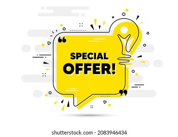 Special offer text. Yellow idea chat bubble background. Sale sign. Advertising Discounts symbol. Special offer chat message lightbulb. Idea light bulb background. Vector