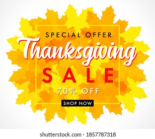 Special offer Thanksgiving sale with orange maple leaves. Hand drawn typography special offer up to 70% off, shop now for fall or autumn sale banner. Vector illustration