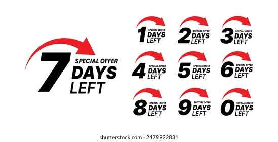 Special offer timer, sticker limited to few days set. Countdown 1, 2, 3, 4, 5, 6, 7, 8, 9, 0 days left label vector illustration isolated on white background