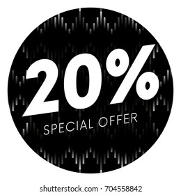 Special offer twenty percent text banner or sticker on musical dark background. Vector illustration.