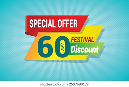 special offer Upto 60% off sale banner tamplete. Super mega Discount festival sale background. flash sale tag Badge. poster for marketing promotion, retail store, online shopping, or ecommerce website