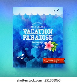 Special offer Vacation Paradise cruise with a colorful blue sea vector poster design with fish swimming underwater and a tropical frangipani flower with text and banner in a travel and tourism concept