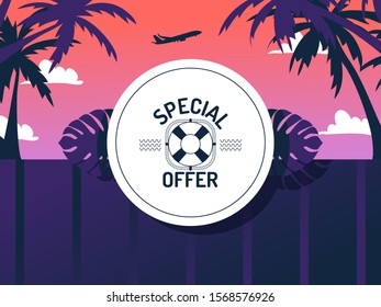 Special offer for vacation trip, vector illustration. Travel agency sale advertisement banner, newsletter campaign. Cheap flight tickets, seasonal sale poster. Summer journey discount offer emblem
