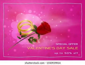 Special offer Valentines day, up to 50% discount, pink banner with wedding rings and rose flower vector EPS 10