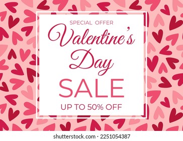 Special offer Valentine's Day banner template with hearts pattern. Template for poster, banner, flyer. Vector illustration