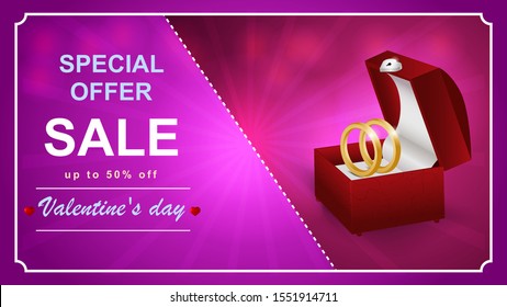 Special offer Valentines day discount up to fifty percent pink banner jewelry box with wedding rings vector EPS 10