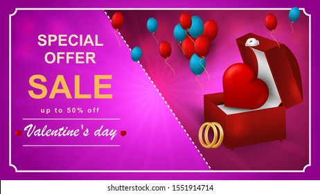 Special offer Valentines day discount up to fifty percent pink banner jewelry box with heart and lots of balloons vector EPS 10