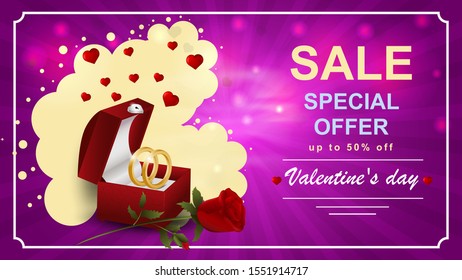 Special offer Valentines day discount up to fifty percent pink banner casket with wedding roses and next to the flower lies a red rose vector EPS 10
