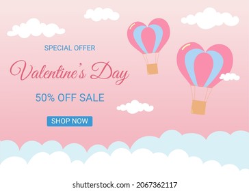 Special offer Valentine's Day horizontal banner template. Air balloons in heart shape flying in the sky. Pink background with white and blue clouds. Vector illustration