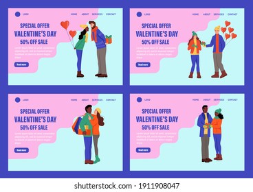 Special offer Valentine's day landing page vector template set. Loving couple in winter clothes with balloons exchange gifts. Celebrate traditional winter event web banner. Flat vector illustration
